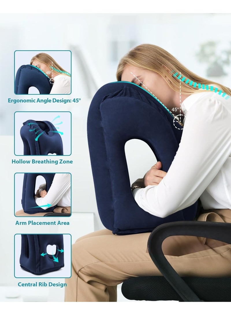 Forest Home Inflatable Travel Pillow, Airplane Neck Pillow Comfortably Supports Head and Chin for Airplanes, Trains, Cars and Office Napping with 3D Eye Mask, Earplugs and Portable Drawstring Bag (Blue) - Image 1